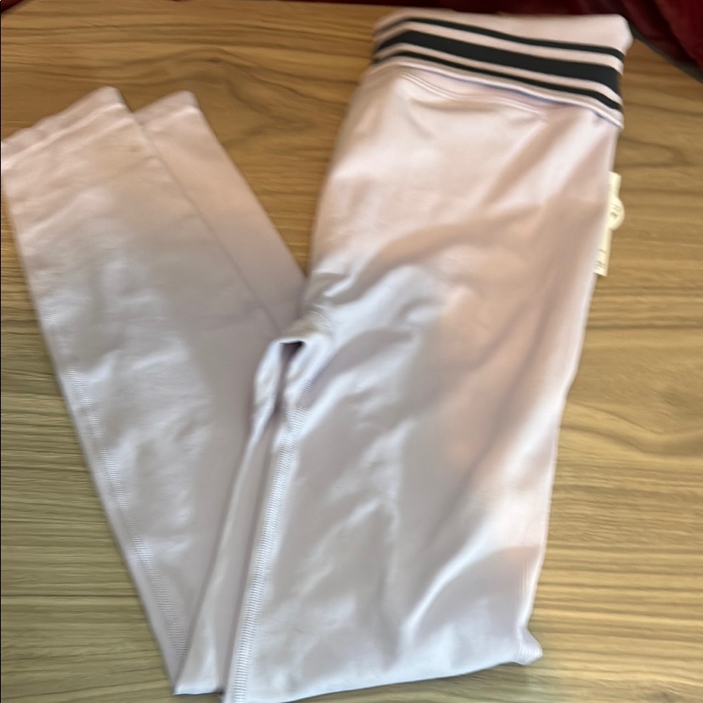 PINK Victoria's Secret Purple Leggings with Blue Stripes few spot view pic